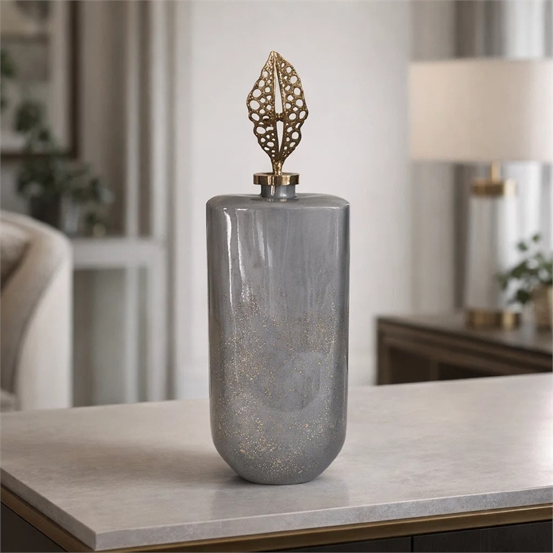Decorative Bottle with Sculpted Gold Leaf Lid- 23 Inch Gray Glass