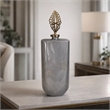Decorative Bottle with Sculpted Gold Leaf Lid- 23 Inch Gray Glass