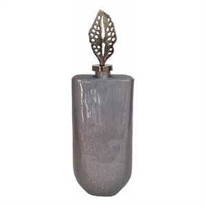 Decorative Bottle with Sculpted Gold Leaf Lid- 23 Inch Gray Glass