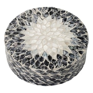 Decorative Box- 10 Inch Round White- Black Mother of Pearl Inlay- Capiz