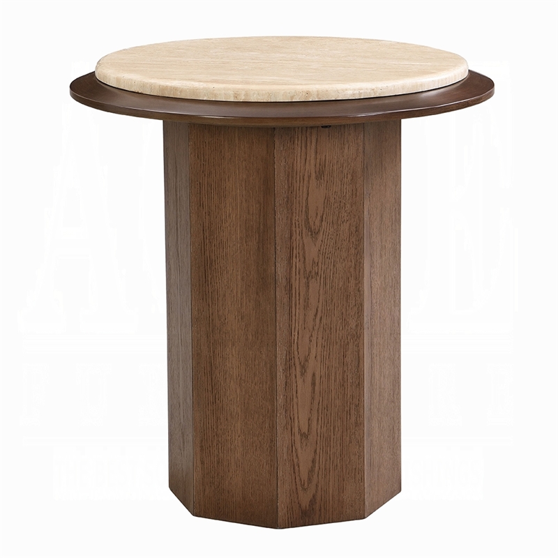 Pery Side End Table- 22 Inch Beige Travertine Stone Top- Walnut Brown