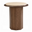 Pery Side End Table- 22 Inch Beige Travertine Stone Top- Walnut Brown