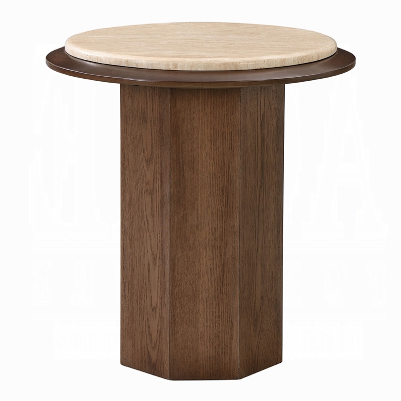 Pery Side End Table- 22 Inch Beige Travertine Stone Top- Walnut Brown