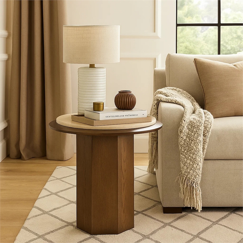 Pery Side End Table- 22 Inch Beige Travertine Stone Top- Walnut Brown
