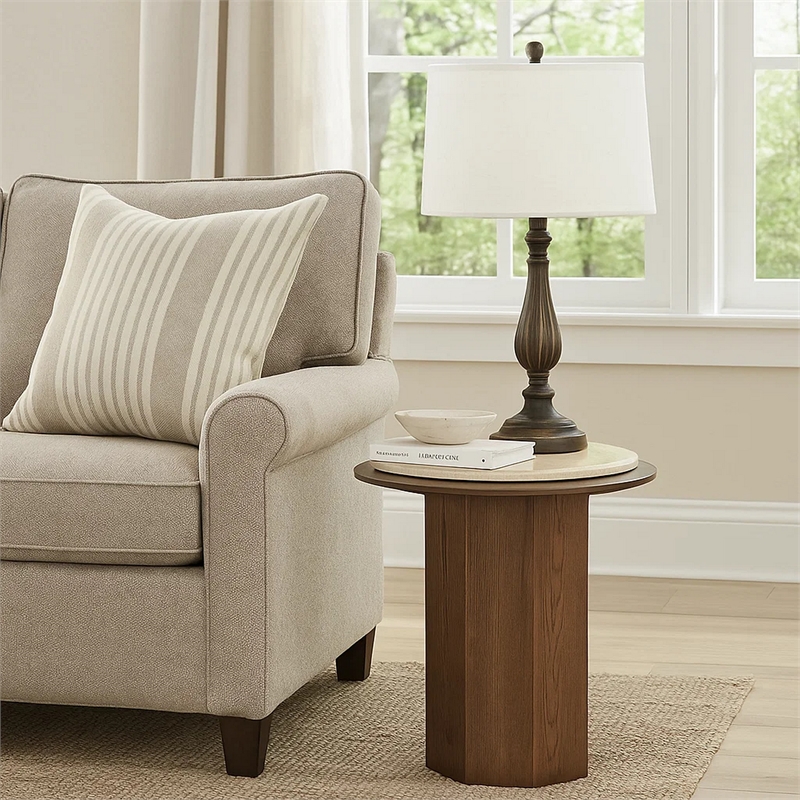 Pery Side End Table- 22 Inch Beige Travertine Stone Top- Walnut Brown