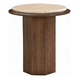 Pery Side End Table- 22 Inch Beige Travertine Stone Top- Walnut Brown