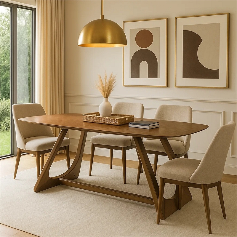 Lery Dining Table- 94 Inch Rectangular Top w Angled Base- Walnut Brown