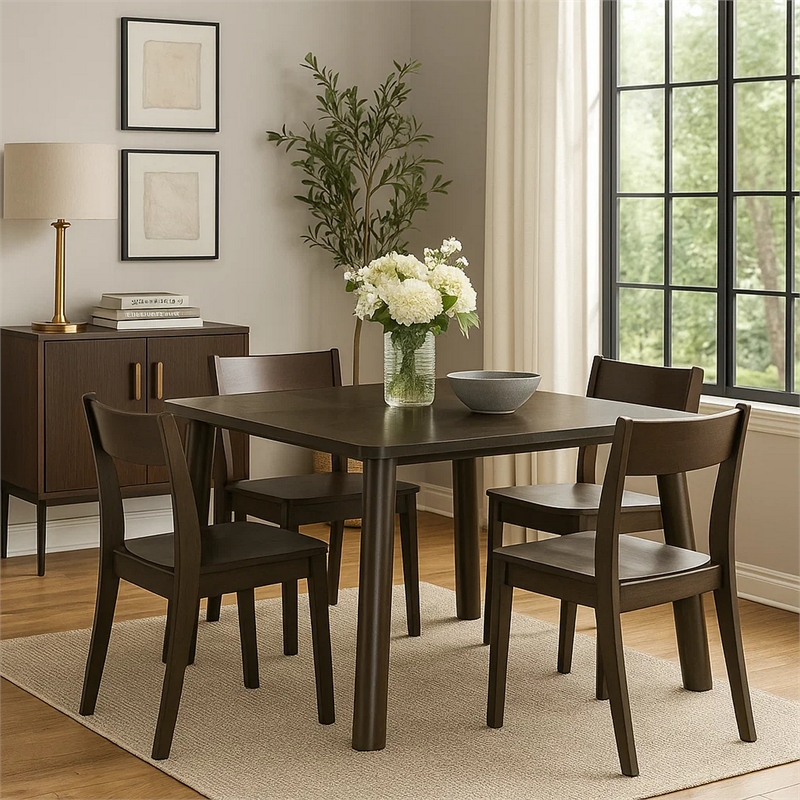 Mery Dining Table- 59 Inch Square Top- Walnut Brown Solid Rubberwood