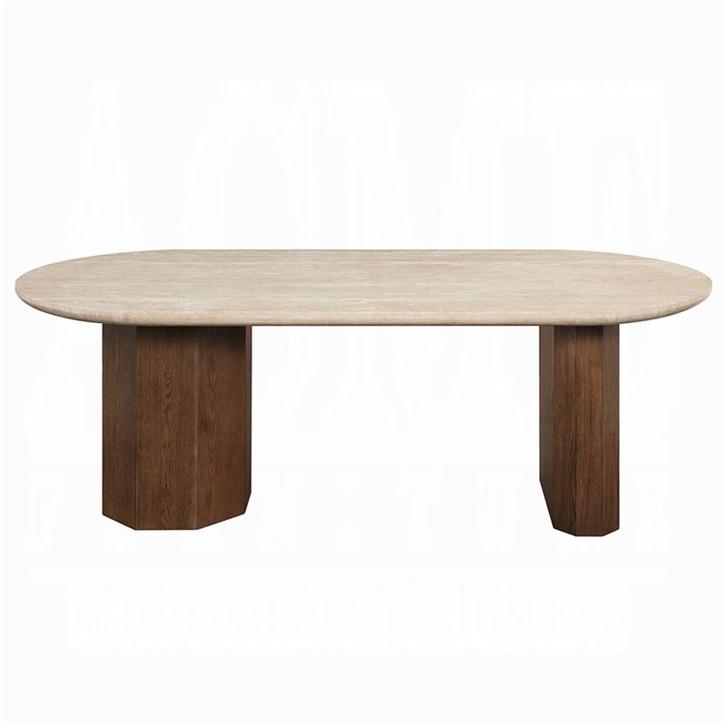 Hery Dining Table- 87 Inch Oval Beige Travertine Stone Top- Oak Brown