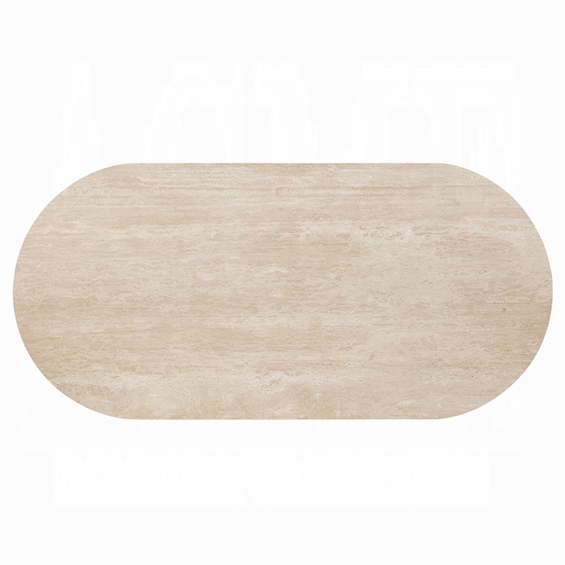 Hery Dining Table- 87 Inch Oval Beige Travertine Stone Top- Oak Brown