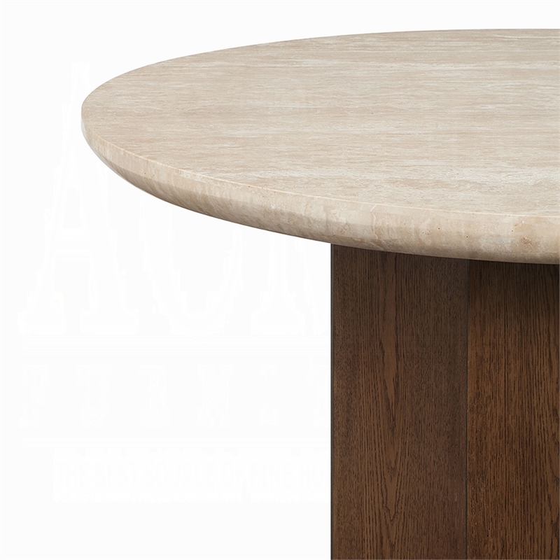 Hery Dining Table- 87 Inch Oval Beige Travertine Stone Top- Oak Brown