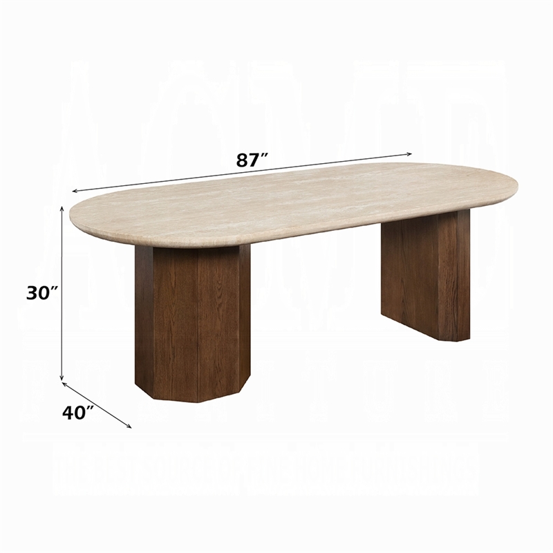 Hery Dining Table- 87 Inch Oval Beige Travertine Stone Top- Oak Brown