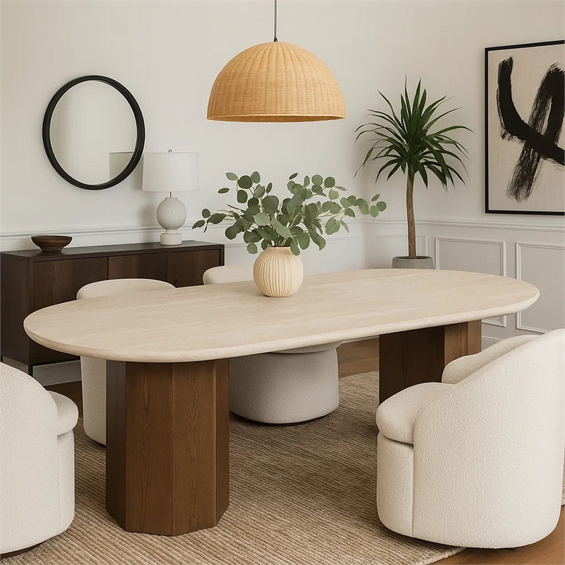 Hery Dining Table- 87 Inch Oval Beige Travertine Stone Top- Oak Brown