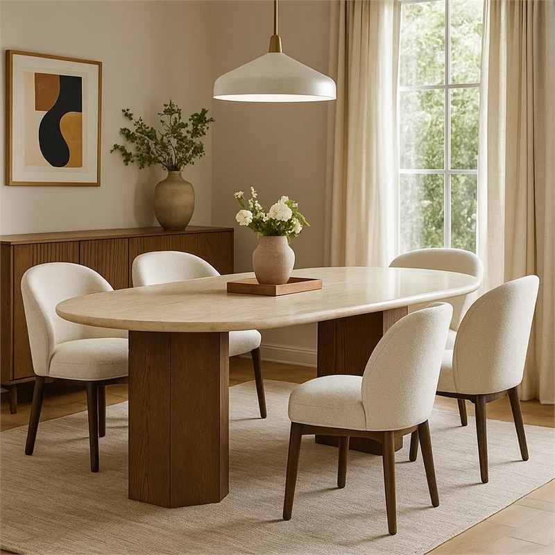 Hery Dining Table- 87 Inch Oval Beige Travertine Stone Top- Oak Brown