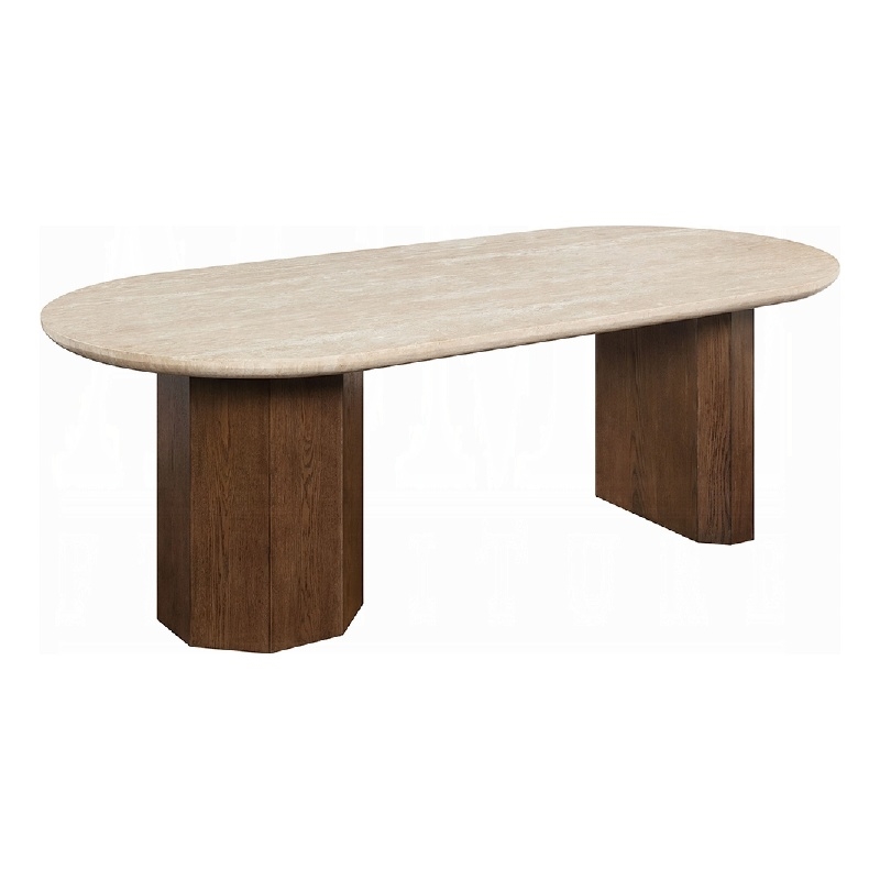 Hery Dining Table- 87 Inch Oval Beige Travertine Stone Top- Oak Brown