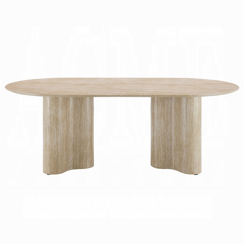 Jory Dining Table- 79 Inch Oval Travertine Paper Top- Beige Wood Finish