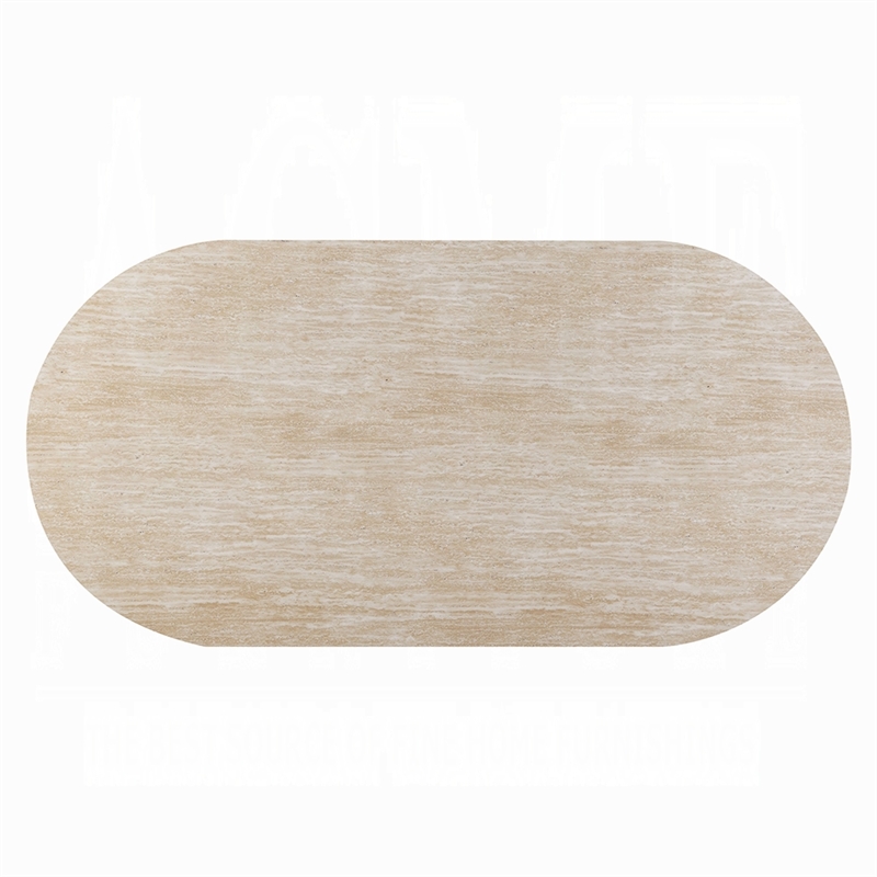 Jory Dining Table- 79 Inch Oval Travertine Paper Top- Beige Wood Finish