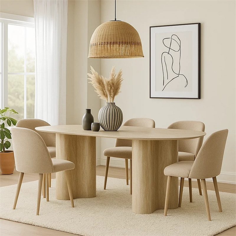 Jory Dining Table- 79 Inch Oval Travertine Paper Top- Beige Wood Finish