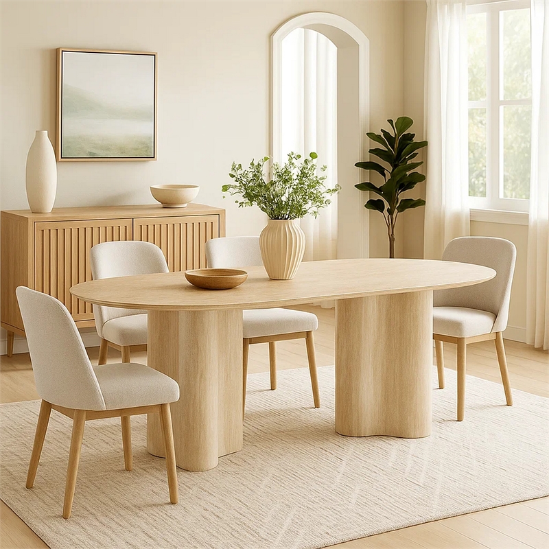 Jory Dining Table- 79 Inch Oval Travertine Paper Top- Beige Wood Finish