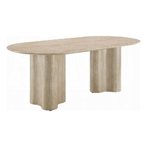 Jory Dining Table- 79 Inch Oval Travertine Paper Top- Beige Wood Finish