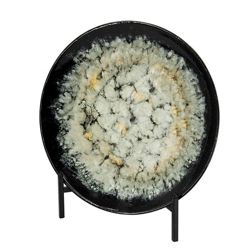 Decorative Charger Plate with Stand- Black and White Ceramic- 18 Inch