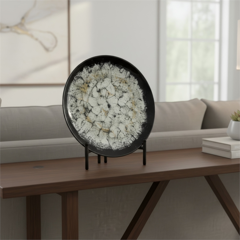 Decorative Charger Plate with Stand- Black and White Ceramic- 18 Inch