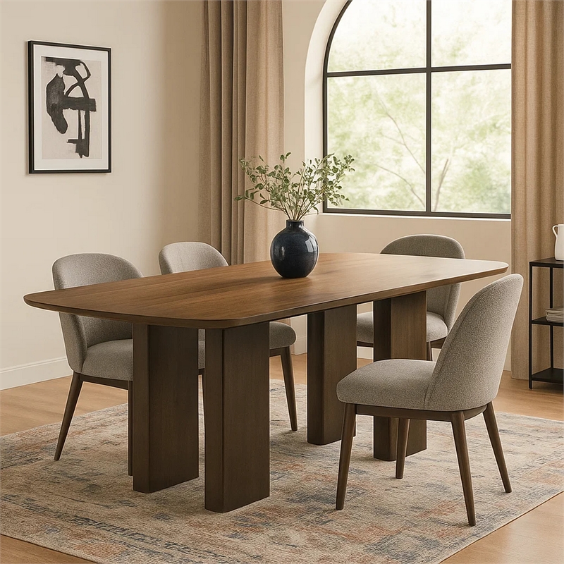 Lina Dining Table- 79 Inch Rectangular- Wide Panel Legs- Walnut Brown Wood