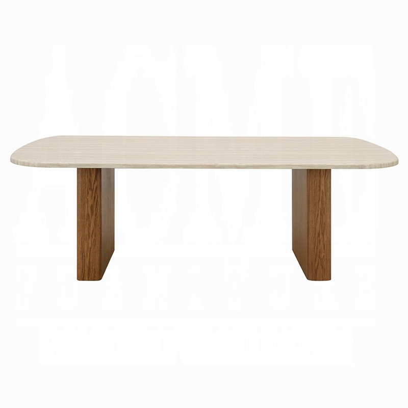 Ladi Dining Table- 87 Inch Rectangular Beige Faux Marble Top- Brown Wood