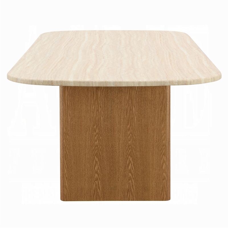 Ladi Dining Table- 87 Inch Rectangular Beige Faux Marble Top- Brown Wood