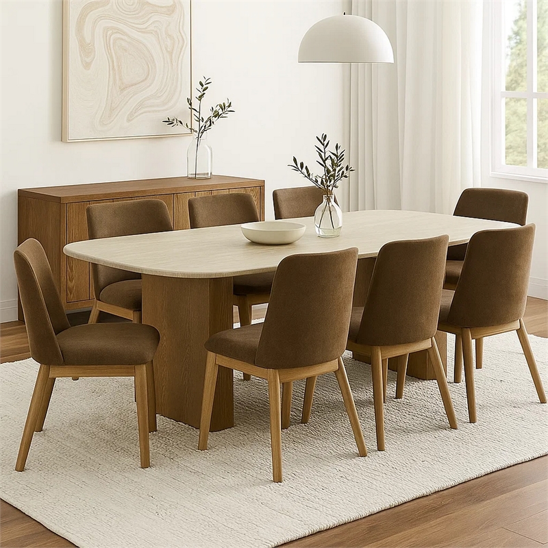 Ladi Dining Table- 87 Inch Rectangular Beige Faux Marble Top- Brown Wood