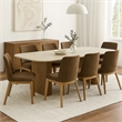 Ladi Dining Table- 87 Inch Rectangular Beige Faux Marble Top- Brown Wood