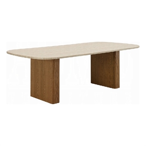 Ladi Dining Table- 87 Inch Rectangular Beige Faux Marble Top- Brown Wood