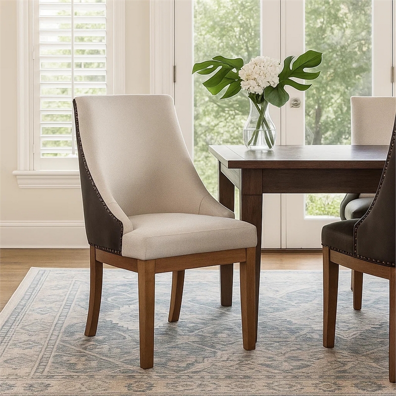 Elsie Dining Chair Set of 2- Foam Fill- Nailed Faux Leather Back- Brown