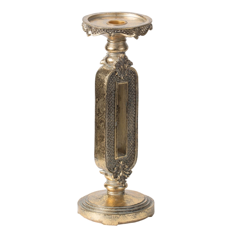 Candle Holder- Antique Gold Tabletop Accent- 11 Inch Keyhole Stem