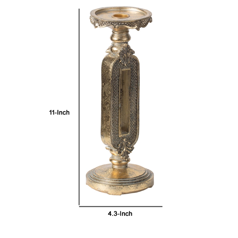 Candle Holder- Antique Gold Tabletop Accent- 11 Inch Keyhole Stem