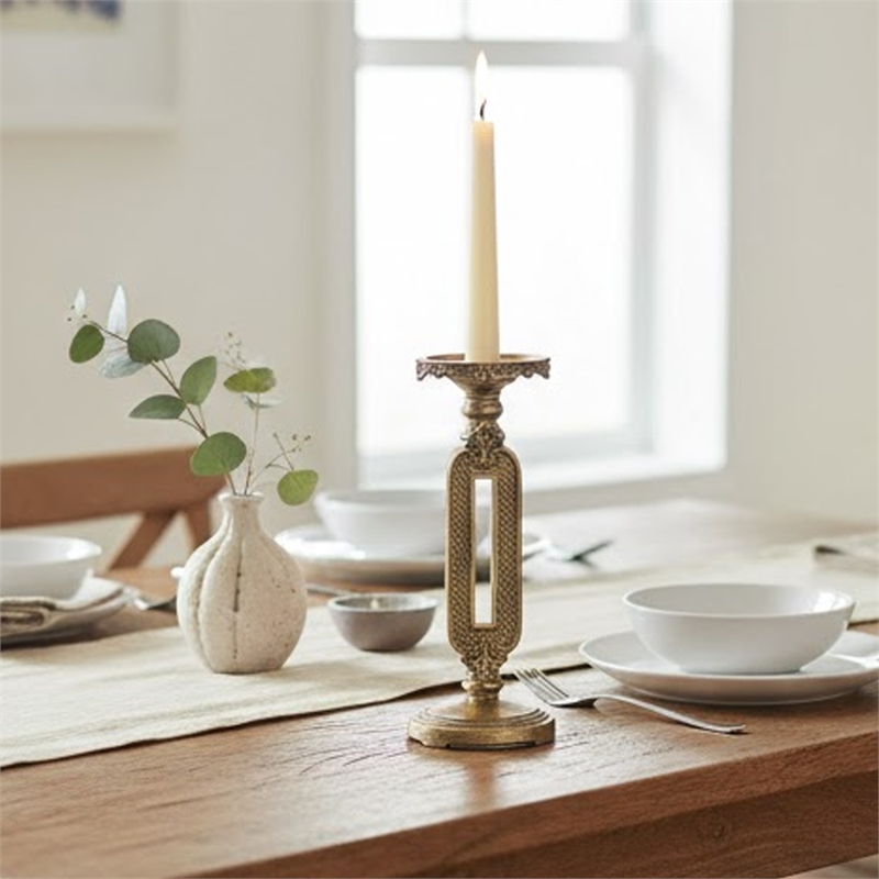 Candle Holder- Antique Gold Tabletop Accent- 11 Inch Keyhole Stem