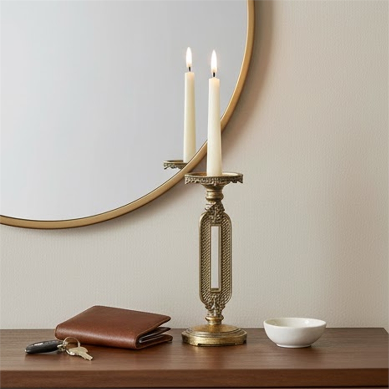 Candle Holder- Antique Gold Tabletop Accent- 11 Inch Keyhole Stem