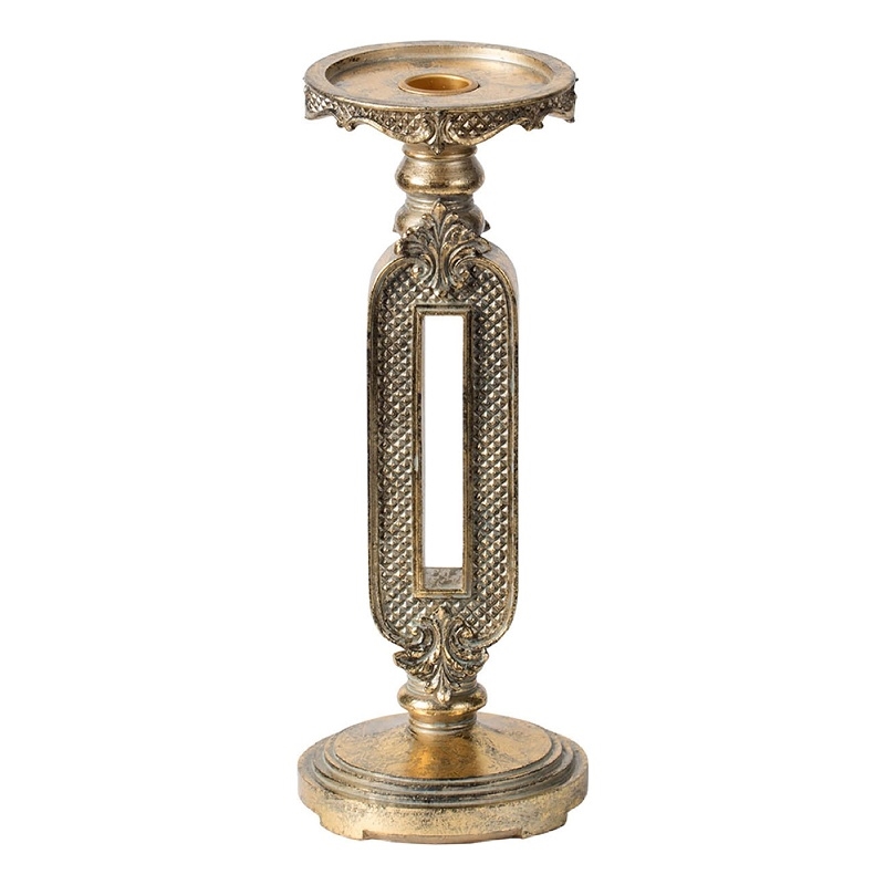 Candle Holder- Antique Gold Tabletop Accent- 11 Inch Keyhole Stem