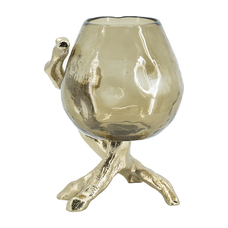Dyna Decorative Candle Holder- Branch Base- Aluminum- Gold Glass 10 Inch