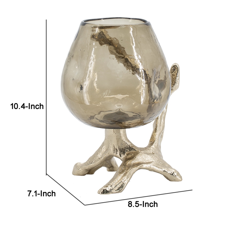 Dyna Decorative Candle Holder- Branch Base- Aluminum- Gold Glass 10 Inch