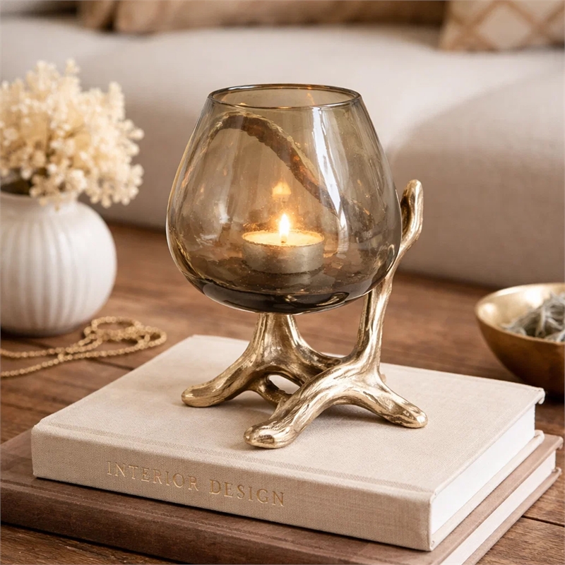 Dyna Decorative Candle Holder- Branch Base- Aluminum- Gold Glass 10 Inch