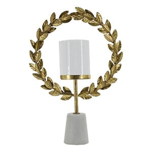 Gigi Candle Holder- Marble Base- Gold Leaf Wreath Ring- White Glass 20 Inch