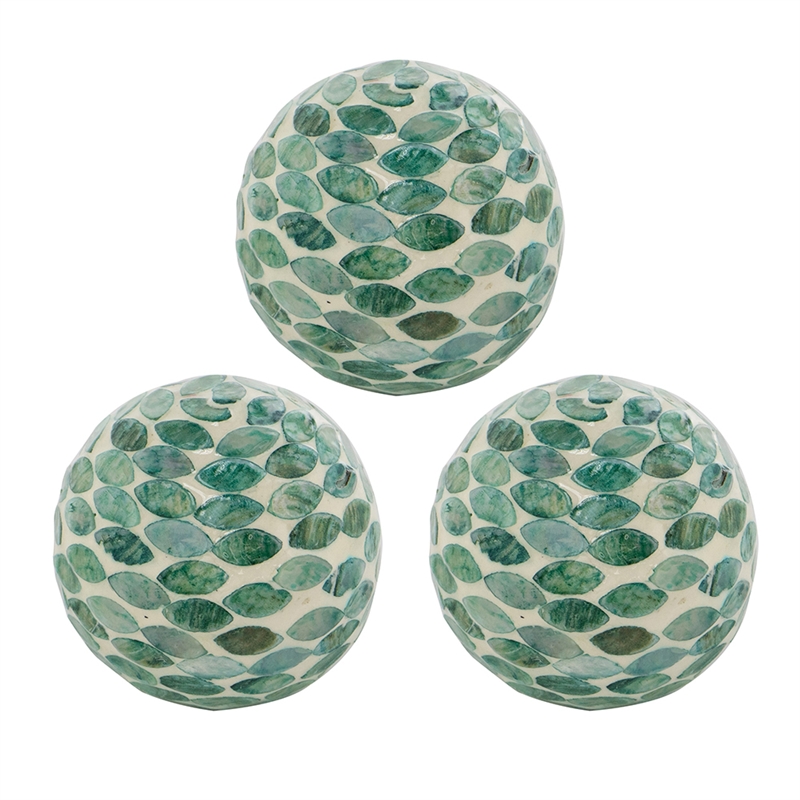 Sunny Decorative Ball Set of 3- Capiz Shell Details- Green Ceramic 12 Inch