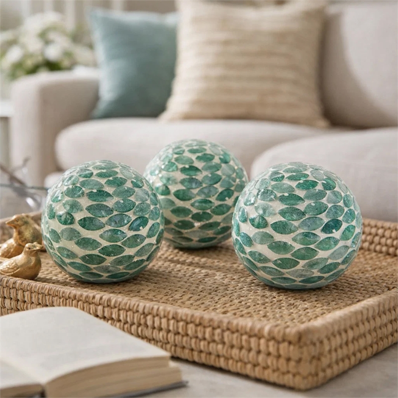 Sunny Decorative Ball Set of 3- Capiz Shell Details- Green Ceramic 12 Inch