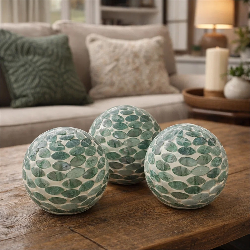 Sunny Decorative Ball Set of 3- Capiz Shell Details- Green Ceramic 12 Inch