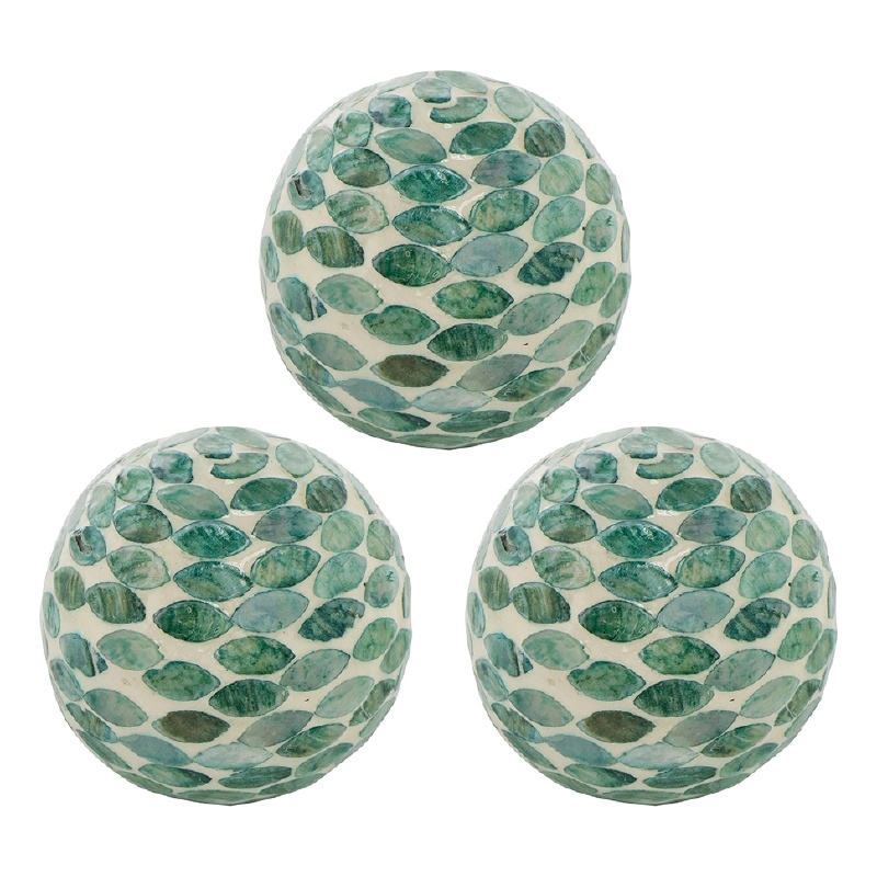 Sunny Decorative Ball Set of 3- Capiz Shell Details- Green Ceramic 12 Inch