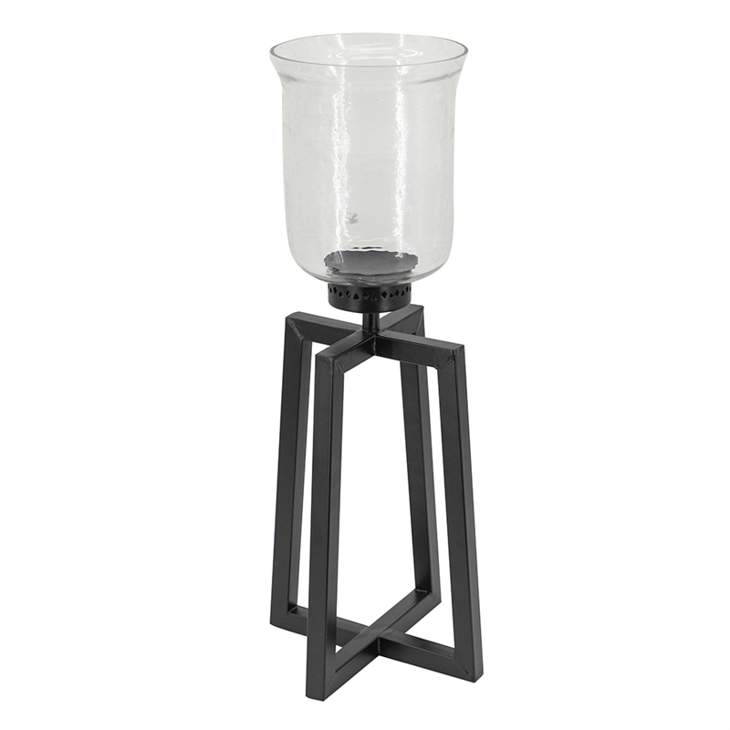 Cole Large Candle Holder- Open Crossed Black Iron- Clear Glass 23 Inch