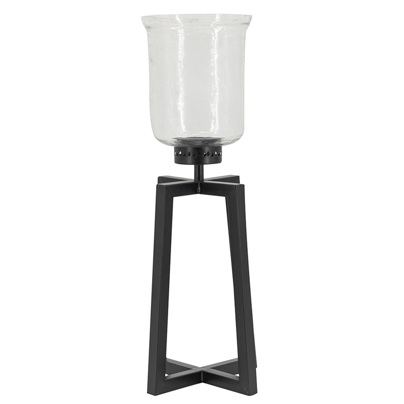 Cole Large Candle Holder- Open Crossed Black Iron- Clear Glass 23 Inch