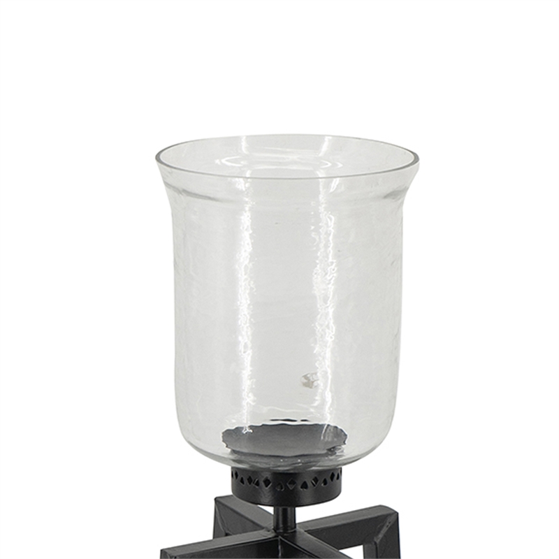 Cole Large Candle Holder- Open Crossed Black Iron- Clear Glass 23 Inch