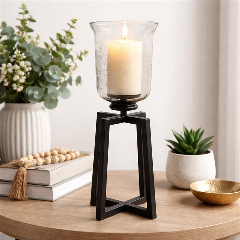 Cole Large Candle Holder- Open Crossed Black Iron- Clear Glass 23 Inch